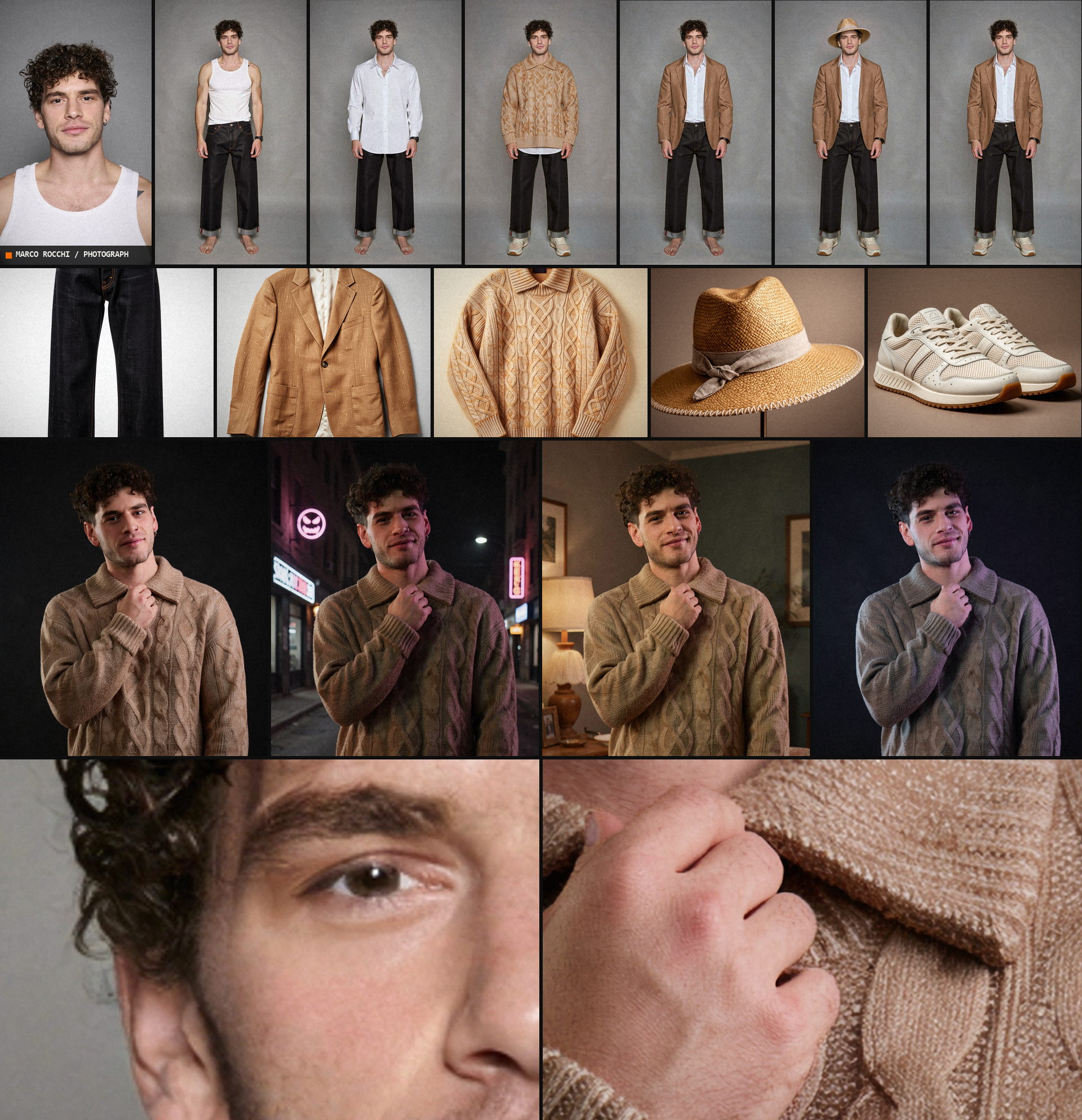 Campaign collage: a labelled real photograph of Marco Rocchi, six wardrobe poses, the garment stills, four lighting environments, and two detail crops showing skin and a hand, all from one identity master